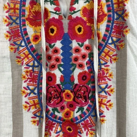 THML sleeveless tunic midi dress boho embroidered neckline tassel ties stripe M - Picture 2 of 12